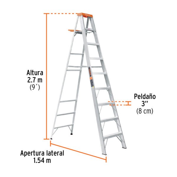 Estructura de aluminio Peldaños planos antiderrapantes 3" (8 cm) Doble refuerzo en peldaños inferiores para mayor resistencia Separadores externos para mayor estabilidad Bandeja retrácti