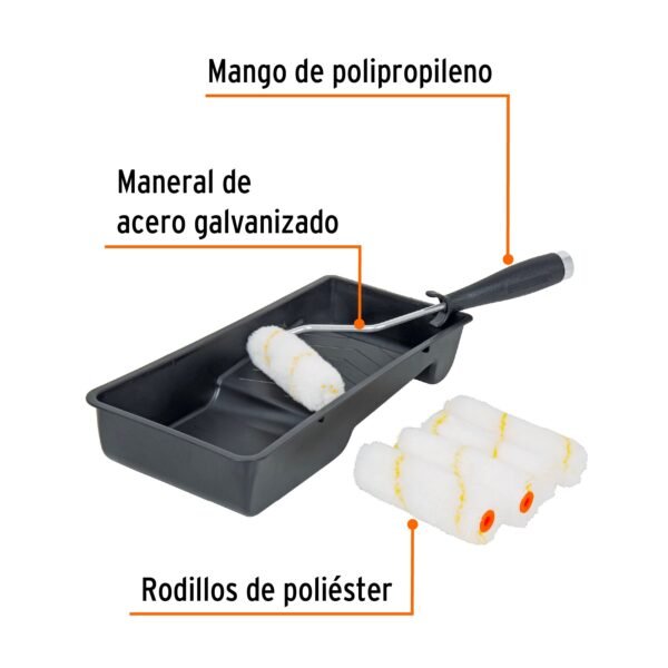 KIT DE RODILLO PARA PINTAR, 4″ MANERAL, CHAROLA y FELPA)