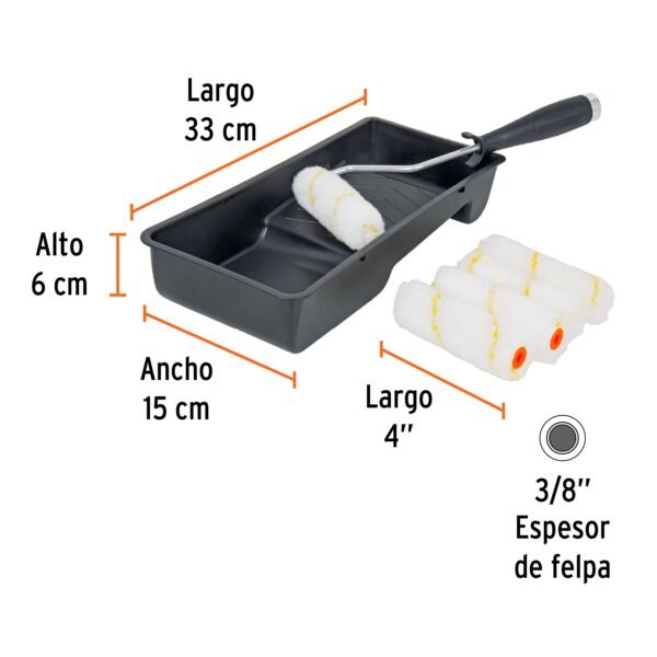 KIT DE RODILLO PARA PINTAR, 4″ MANERAL, CHAROLA y FELPA)